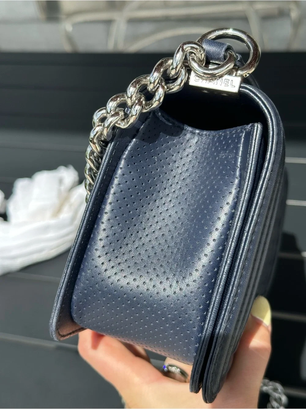 Authentic Vintage Chanel Perforated Old Medium Boy Flap Bag